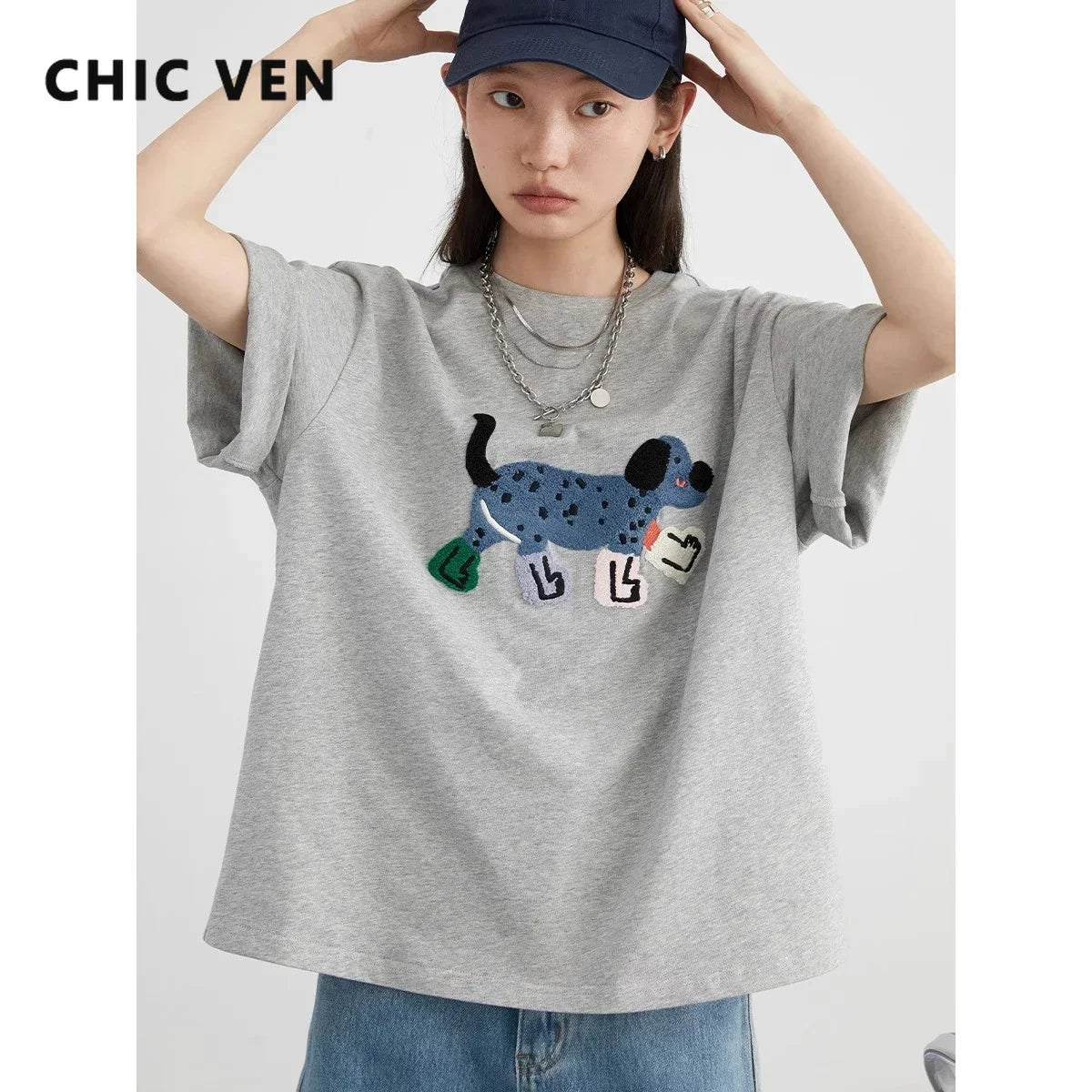 Dog Embroidery Cotton T-Shirt