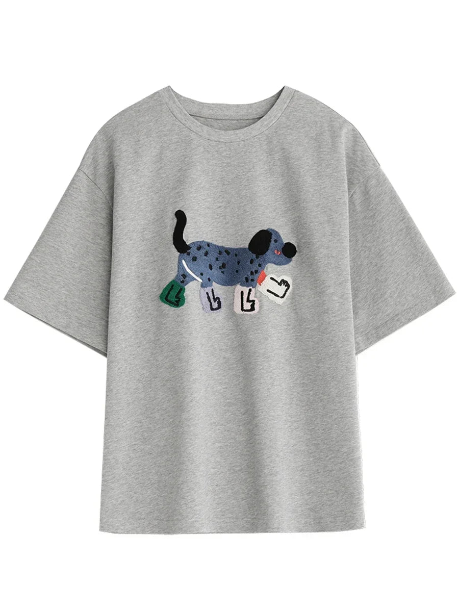 Dog Embroidery Cotton T-Shirt