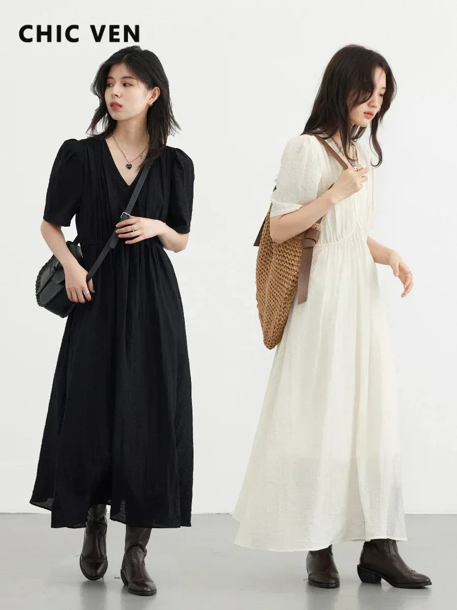 V-Neck Puff Sleeve Maxi Dress