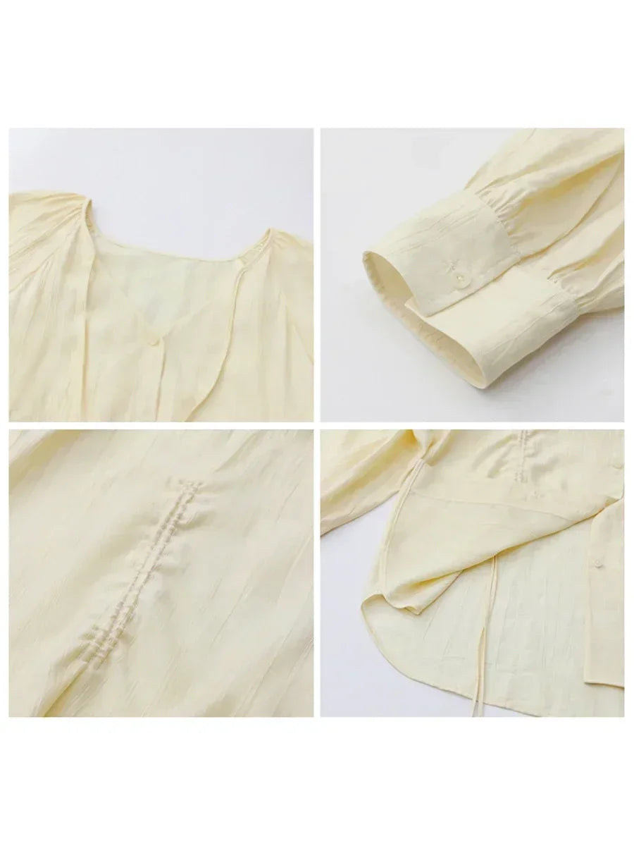 Lace-Up Pleated V-Neck Blouse