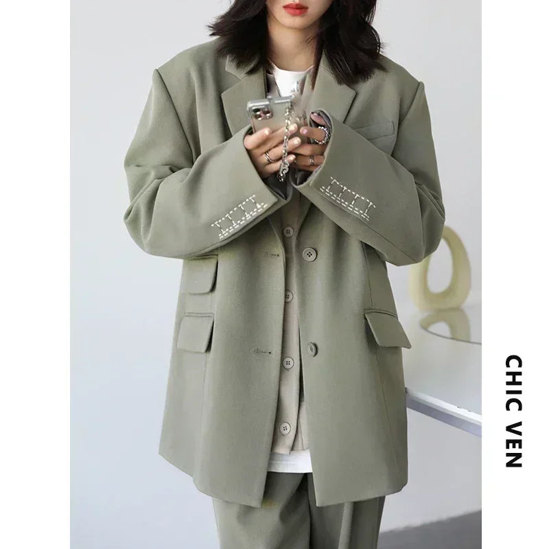 Embroidered Cuff Twill Blazer