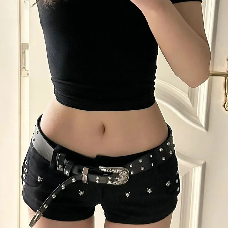 Low-Waist Studded Denim Shorts