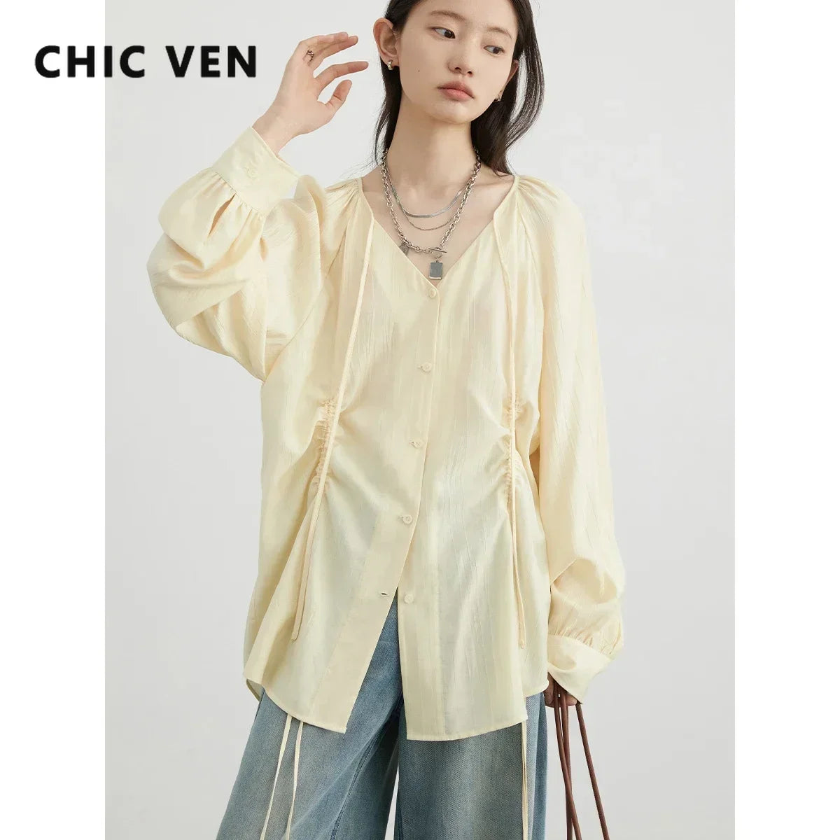 Lace-Up Pleated V-Neck Blouse