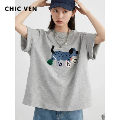 Dog Embroidery Cotton T-Shirt