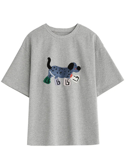 Dog Embroidery Cotton T-Shirt