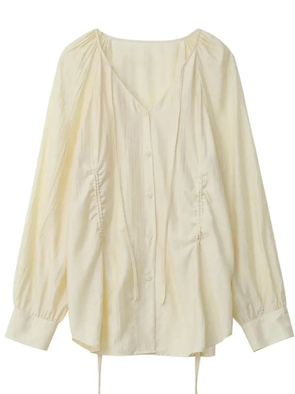 Lace-Up Pleated V-Neck Blouse