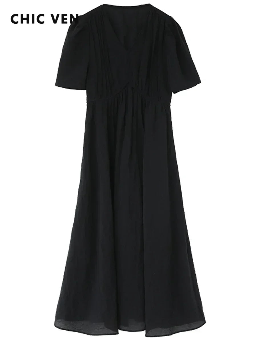 V-Neck Puff Sleeve Maxi Dress