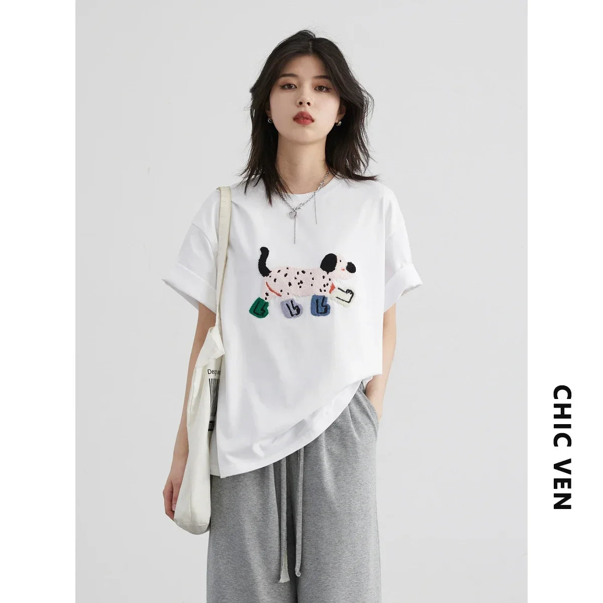 Dog Embroidery Cotton T-Shirt