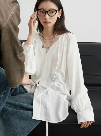Lace-Up Pleated V-Neck Blouse