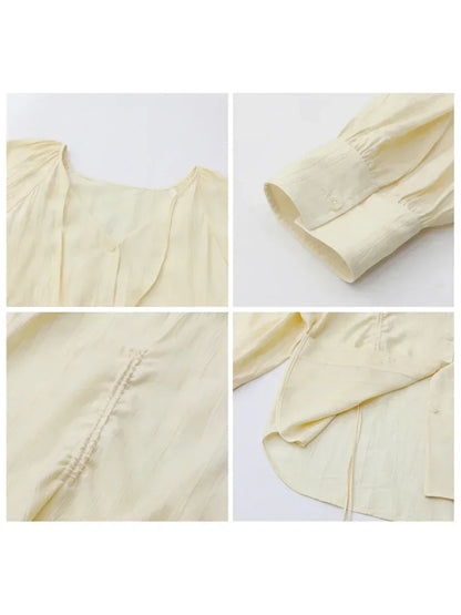 Lace-Up Pleated V-Neck Blouse