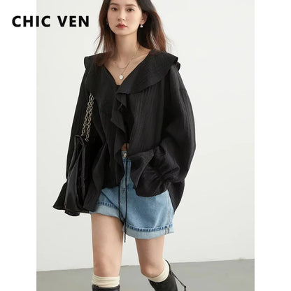 Ruffled Lace-Up Lyocell Blouse
