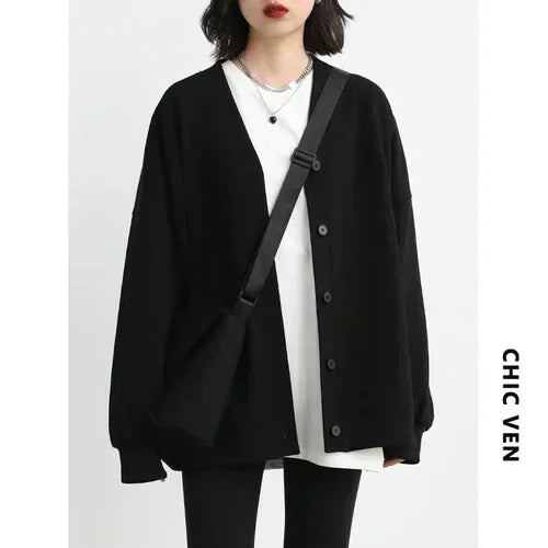 V-Neck Pearl Cotton Sweatshirt