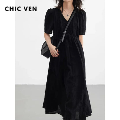 V-Neck Puff Sleeve Maxi Dress