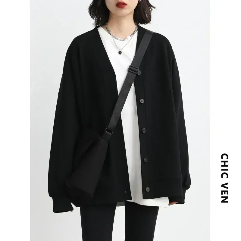 V-Neck Pearl Cotton Sweatshirt