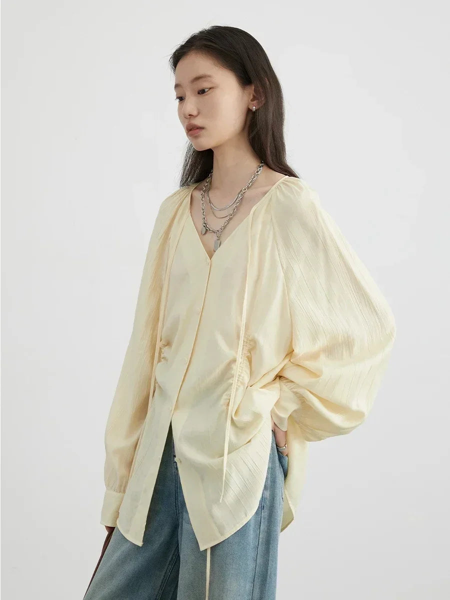 Lace-Up Pleated V-Neck Blouse