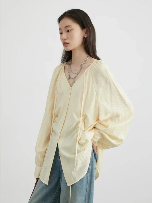 Lace-Up Pleated V-Neck Blouse