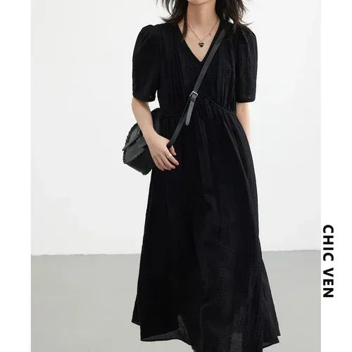 V-Neck Puff Sleeve Maxi Dress