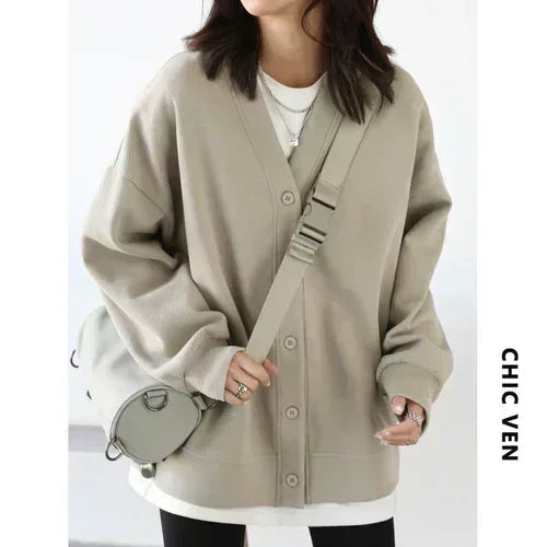 V-Neck Pearl Cotton Sweatshirt