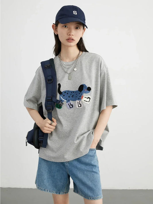 Dog Embroidery Cotton T-Shirt