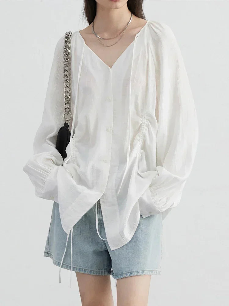 Lace-Up Pleated V-Neck Blouse