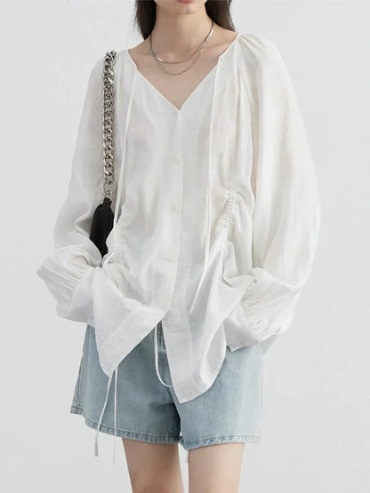 Lace-Up Pleated V-Neck Blouse