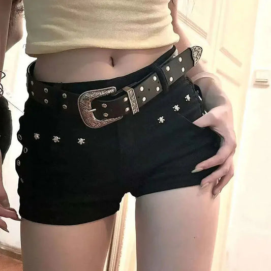 Low-Waist Studded Denim Shorts